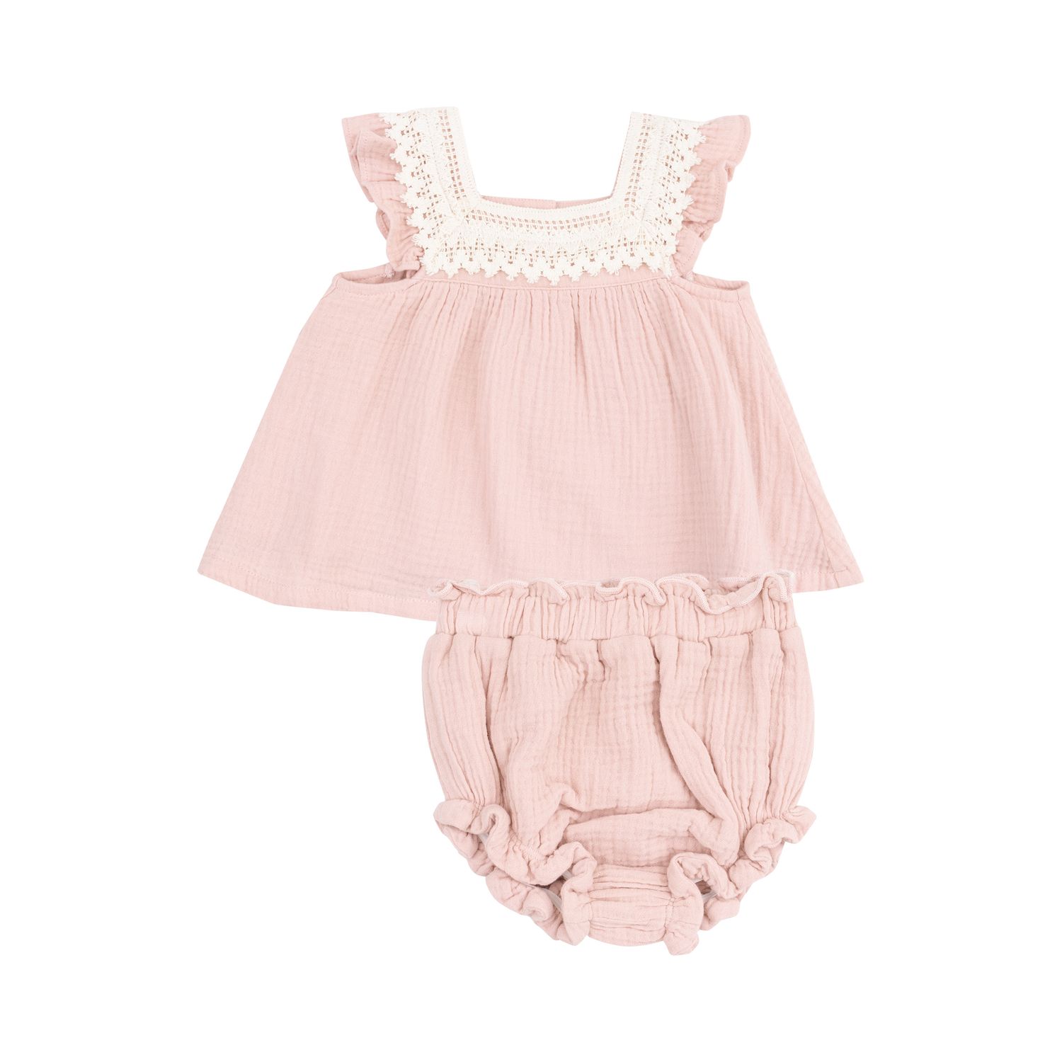Angel Dear Solid Muslin Rose Smoke Pinafore W/ Crochet Heart Lace &amp; High Waisted