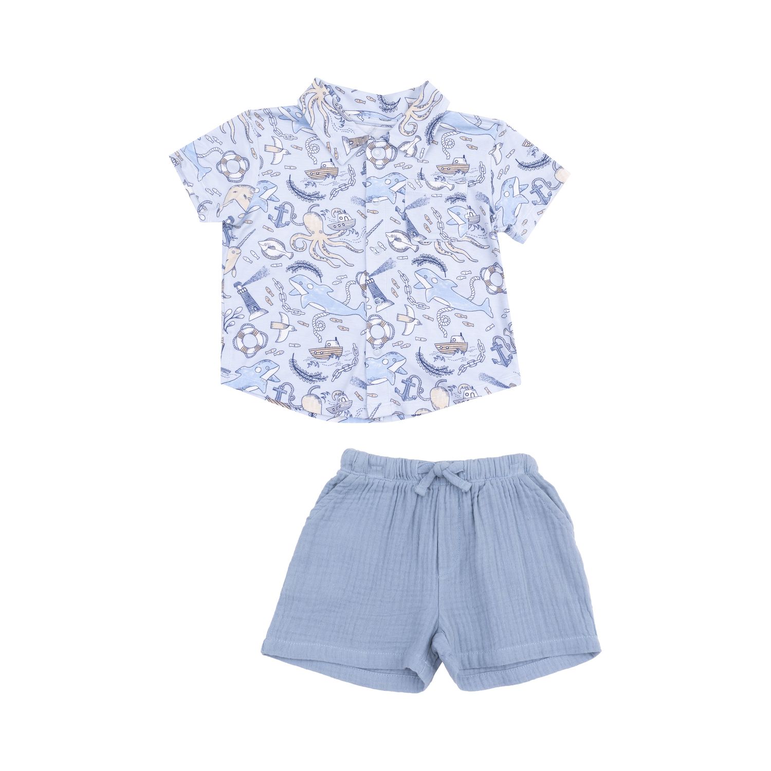 Angel Dear Nautical Notebook Button Down Bamboo Polo &amp; Muslin Short Set