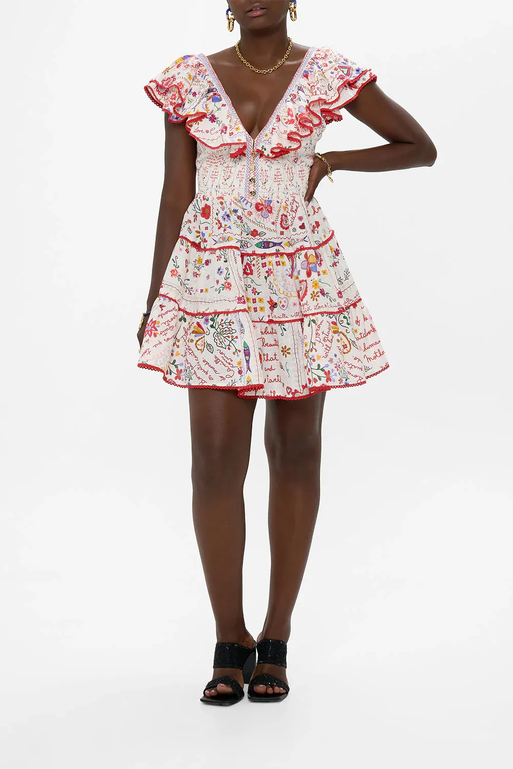 CAMILLA TIERED SHORT DRESS WITH NECK FRILL A KITSCH IN TIME