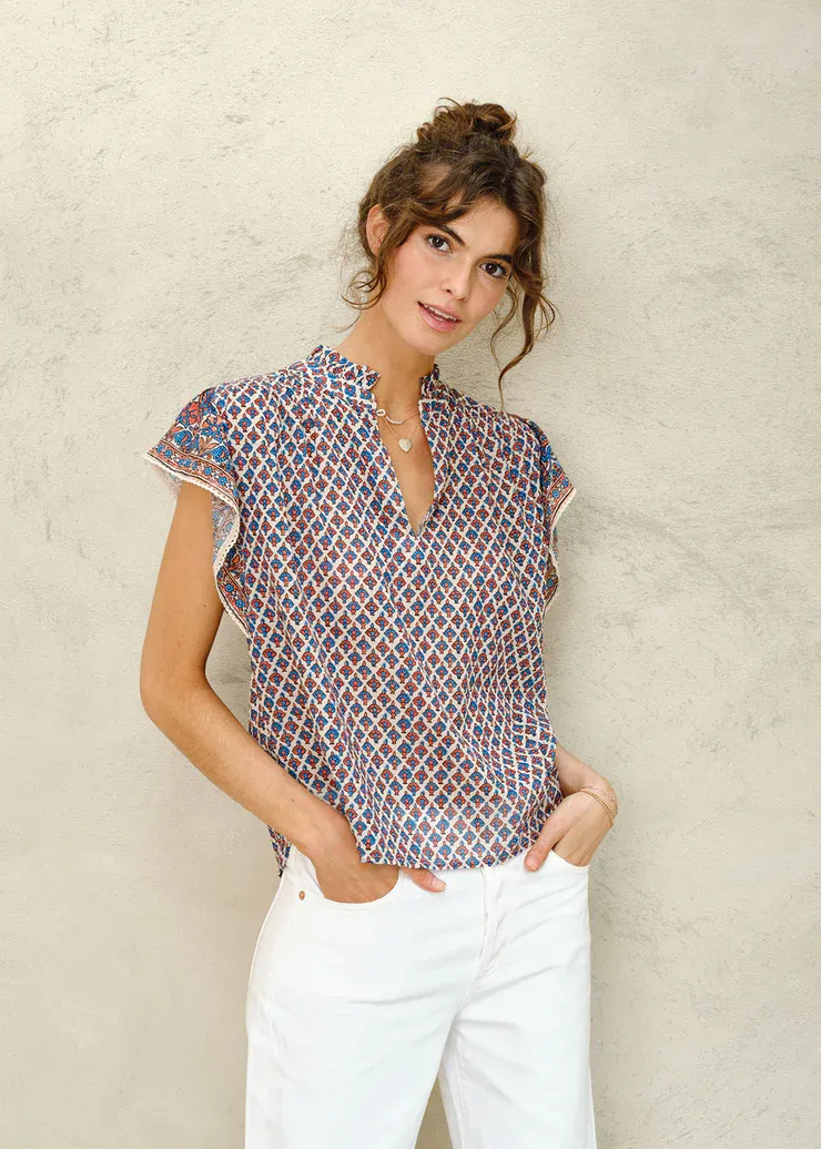 MABE VITI PRINT SS TOP ORANGE/TURQ