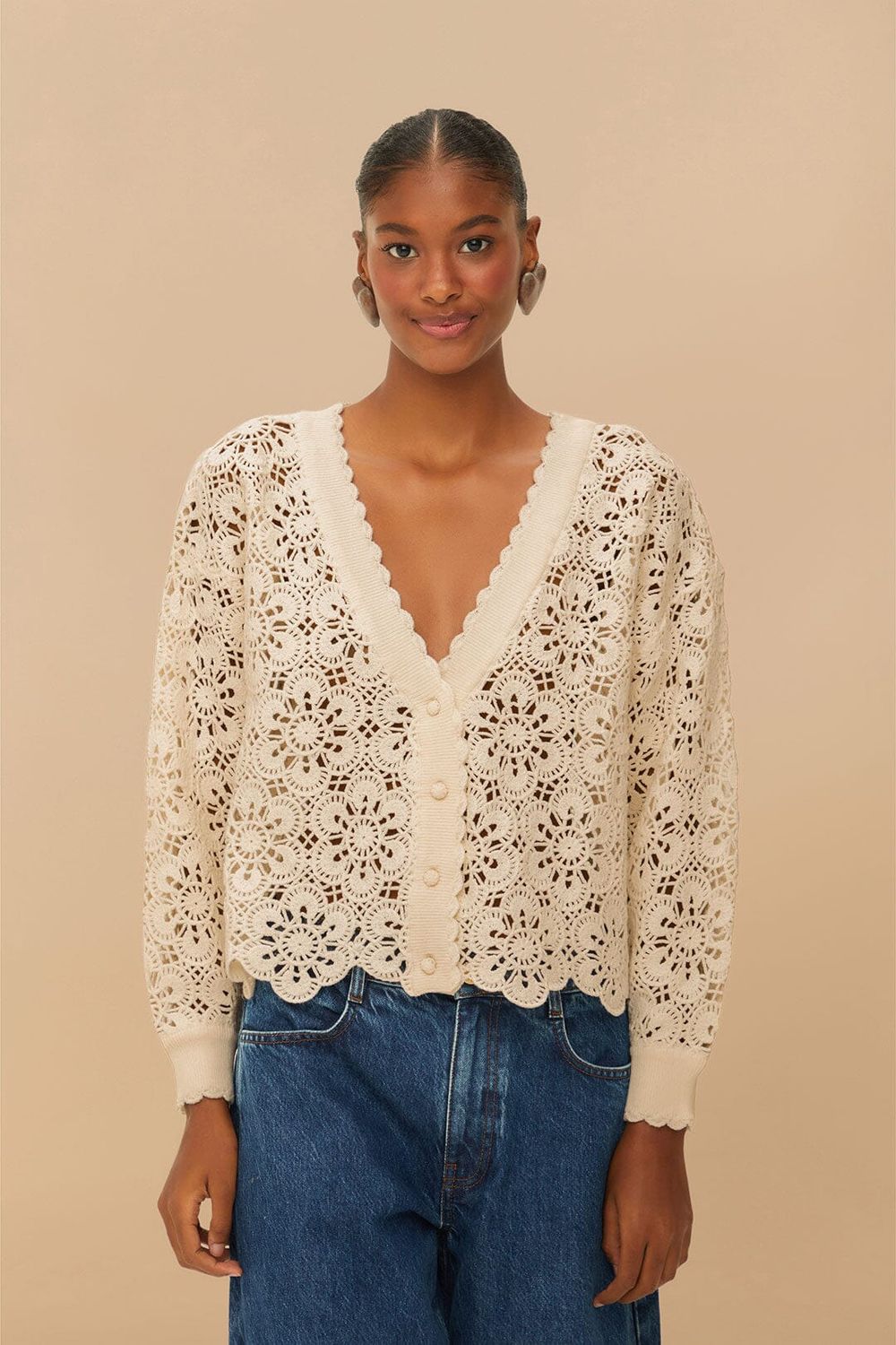 FARM OFF-WHITE FLOWER CROCHET CARDIGAN