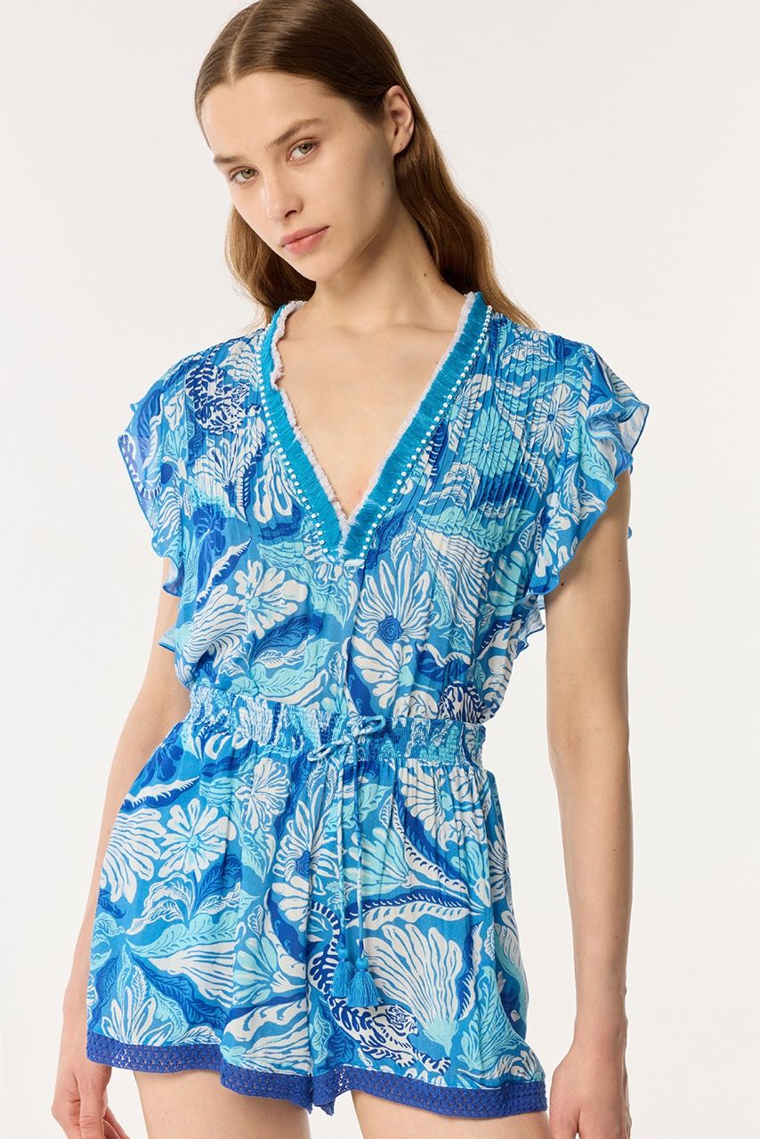 POUPETTE ST BARTH SHORT JUMPSUIT SASHA V BLUE TIGER LILY