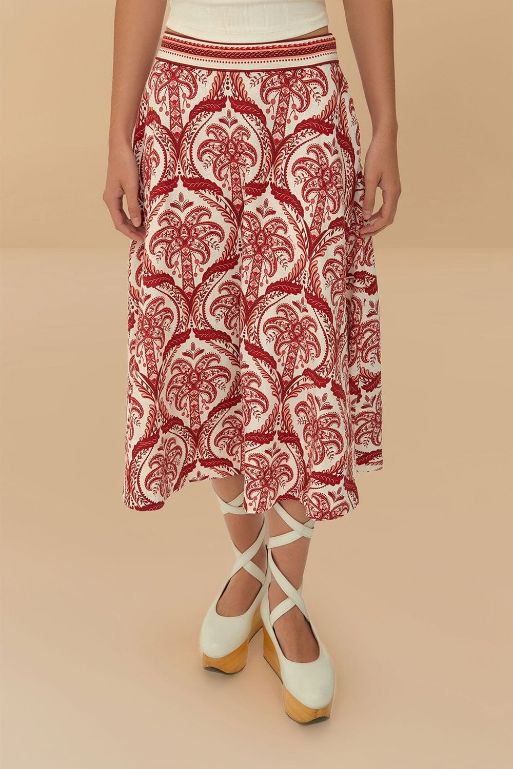 FARM RIO TROPICAL CAMEO OFF-WHITE MIDI SKIRT