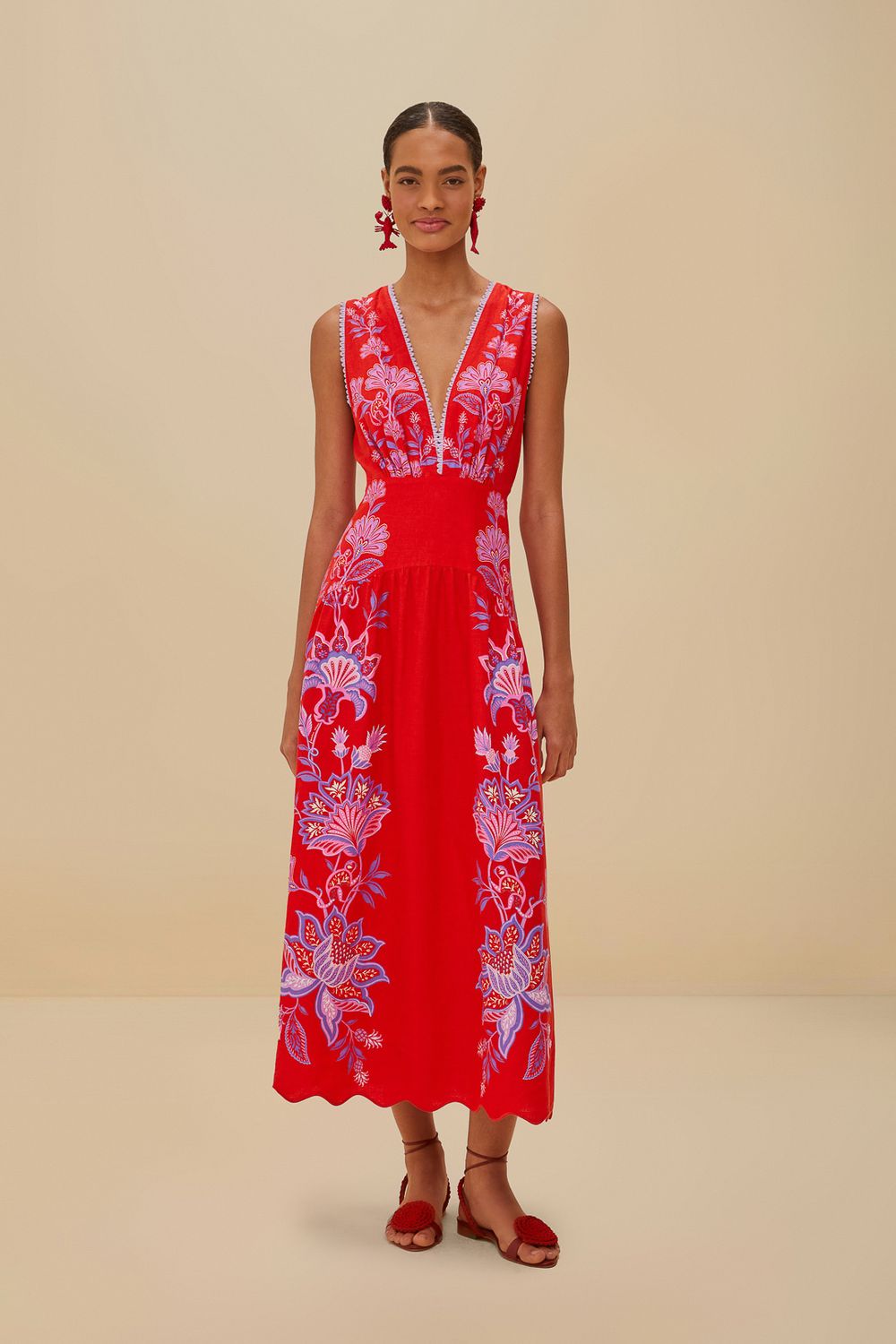 FARM RIO PORCELAIN GARDEN RED MIDI DRES