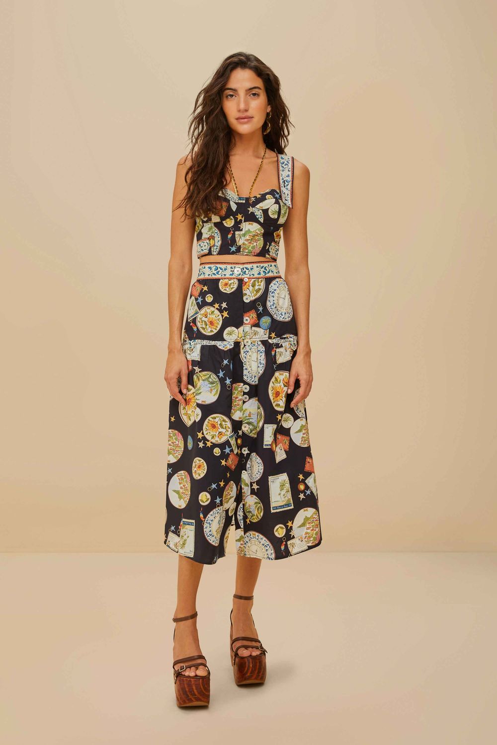 FARM RIO TRIP SOUVENIR BLACK MIXED BUTTONS MIDI SKIRT