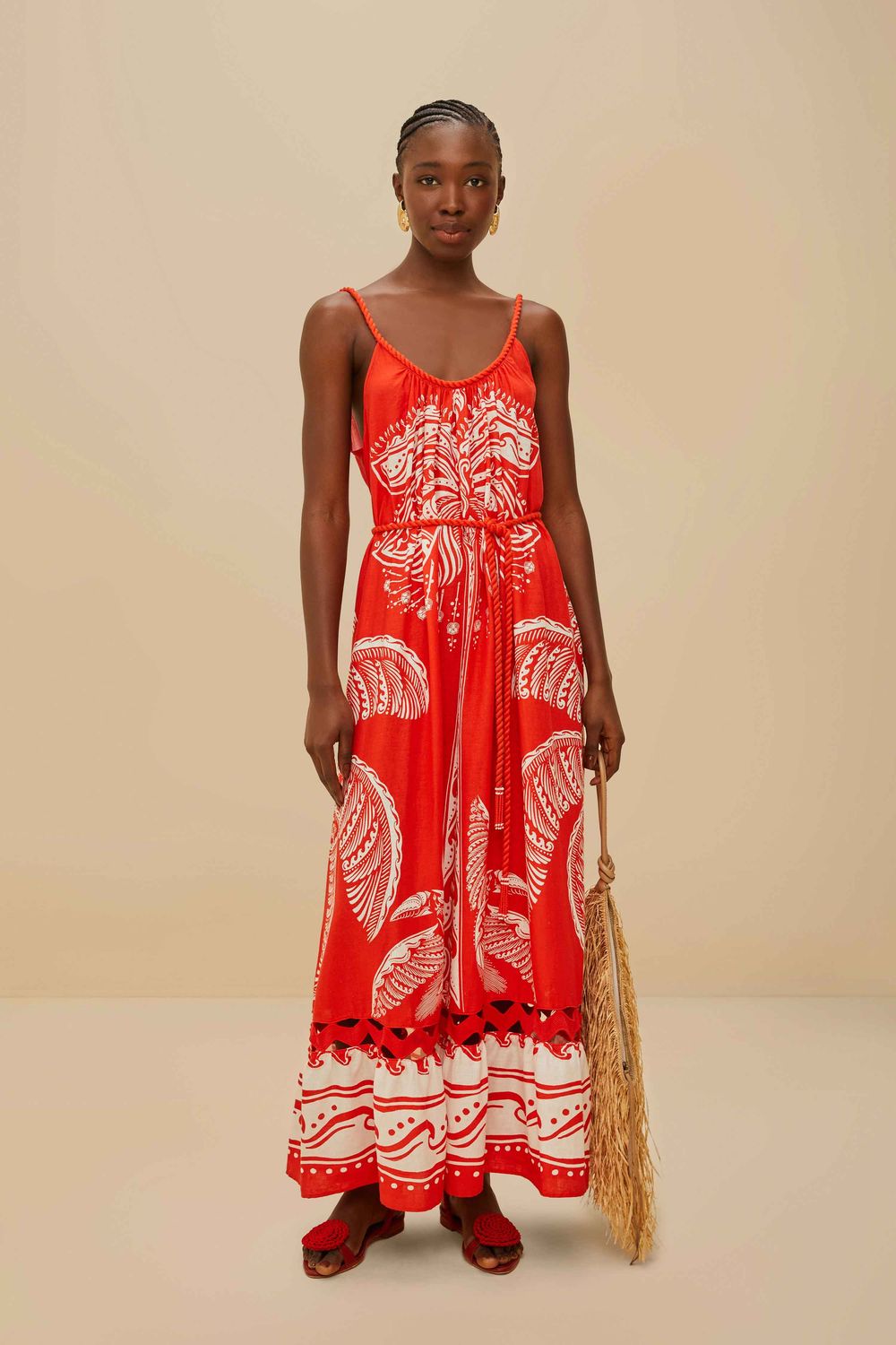 FARM RIO MAJESTIC COCONUT TREE RED MAXI DRESS