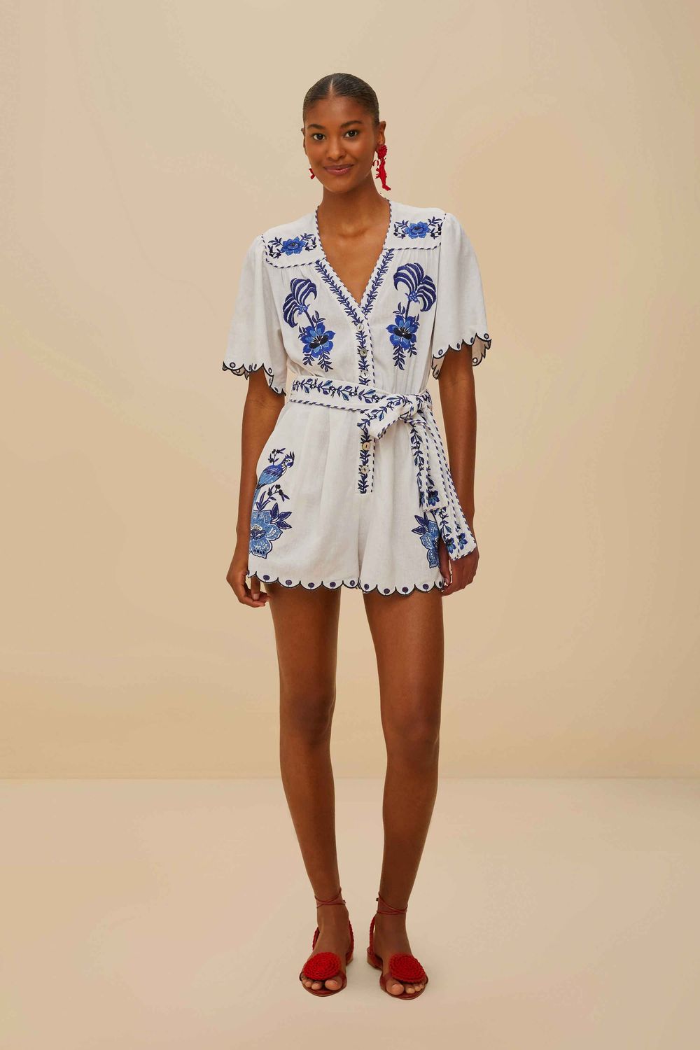 FARM RIO DELICATE FOREST BLUE RICHELIEU EMBROIDERED ROMPER