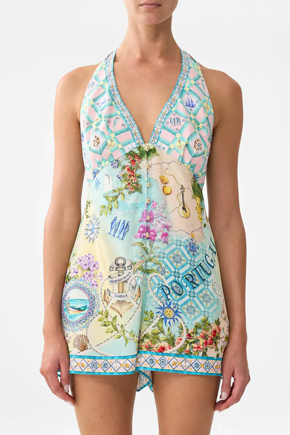 CAMILLA BUTTON FRONT HALTER PLAYSUIT JUST COASTING