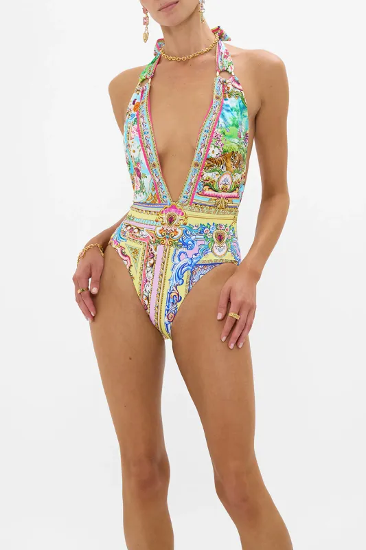 CAMILLA PLUNGE NECK HALTER ONE PIECE WITH TIE TRIMS SPIRIT OF SANTA MARIA
