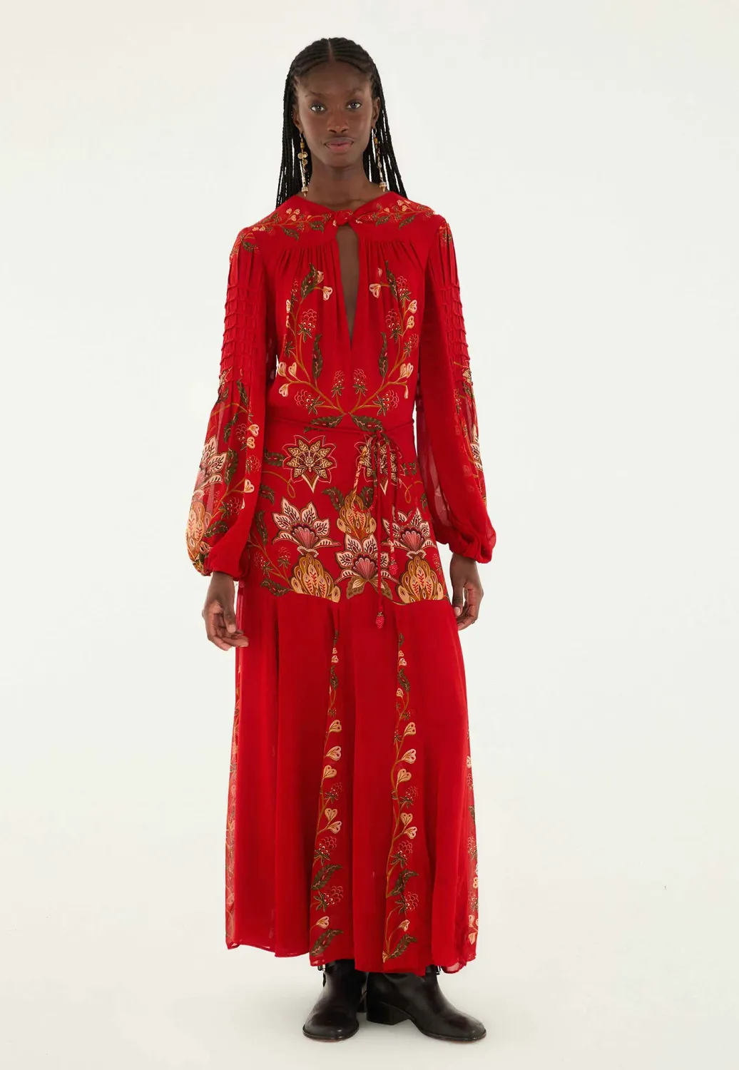 FARM RIO BERRY GARDEN RED LONG SLEEVE PLEATED MAXI DRESS