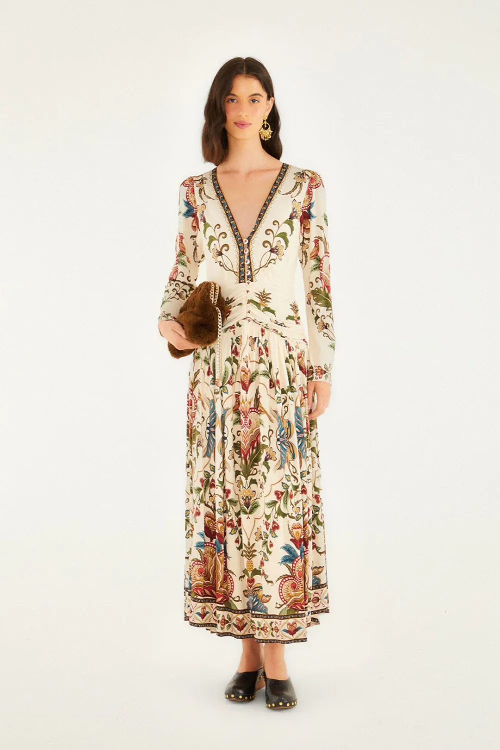 FARM RIO MAJESTIC HEARTS CREAM LONG SLEEVE MIDI DRESS