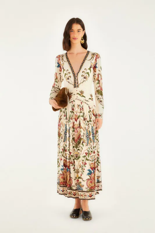 FARM RIO MAJESTIC HEARTS CREAM LONG SLEEVE MIDI DRESS
