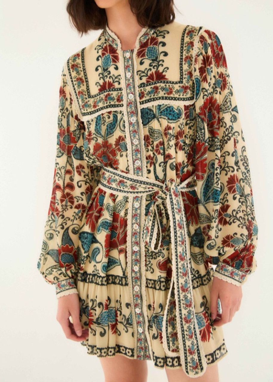 FARM RIO FRANCESCA SAND LONG SLEEVE MINI DRESS