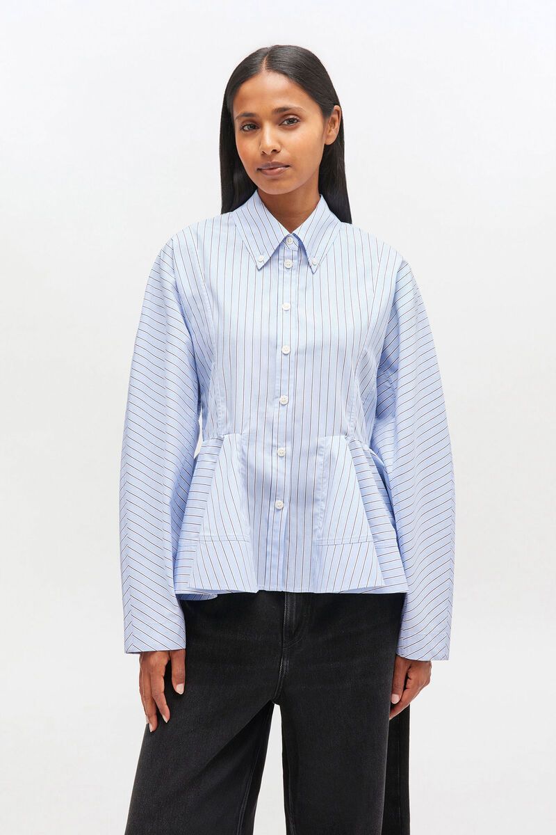 GANNI STRIPE COTTON PEPLUM SHIRT LAVENDER LUSTRE
