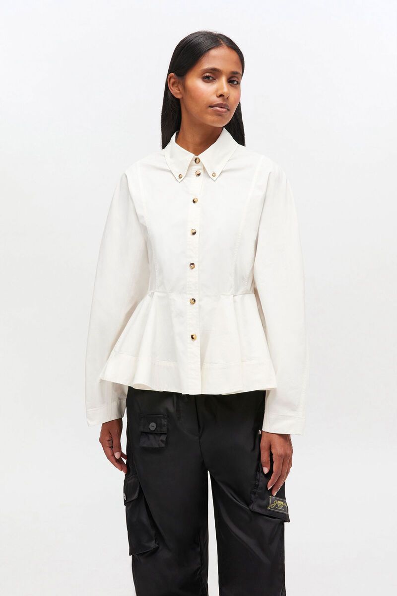 GANNI STRETCH COTTON PEPLUM SHIRT EGRET
