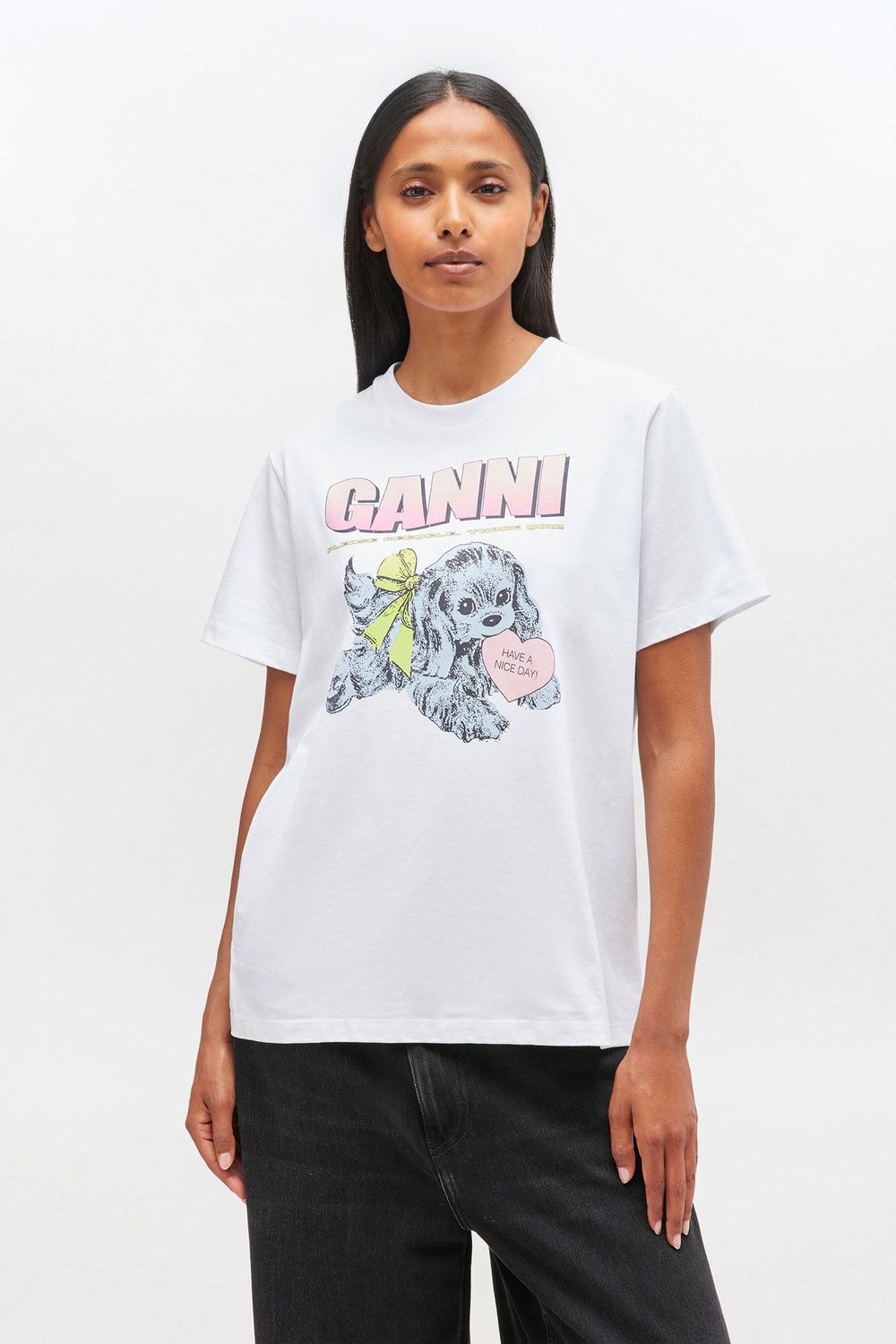 GANNI BASIC COTTON JERSEY NEON PUPPY  T-SHIRT BRIGHT WHITE