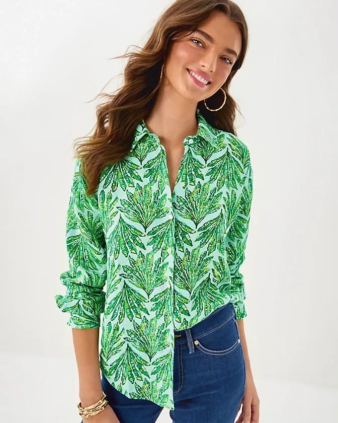 LILLY PULITZER SEA VIEW BUTTON DOWN KITTS GREEN SHADY BABE