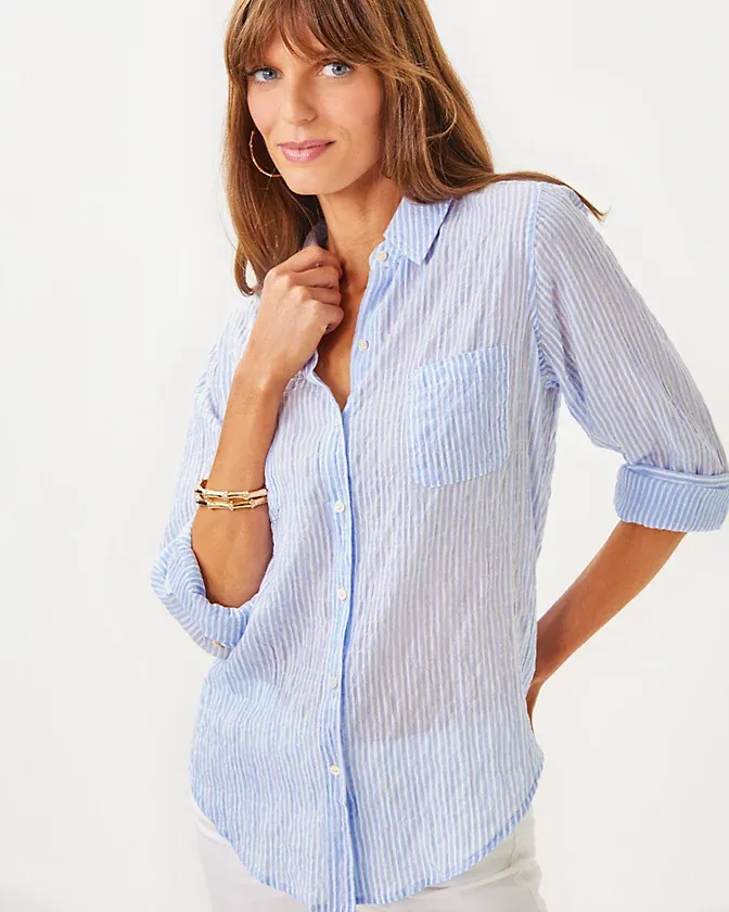 LILLY PULITZER SEA VIEW BUTTON DOWN JACARANDA BLUE LTWT OXFORD STRIPE