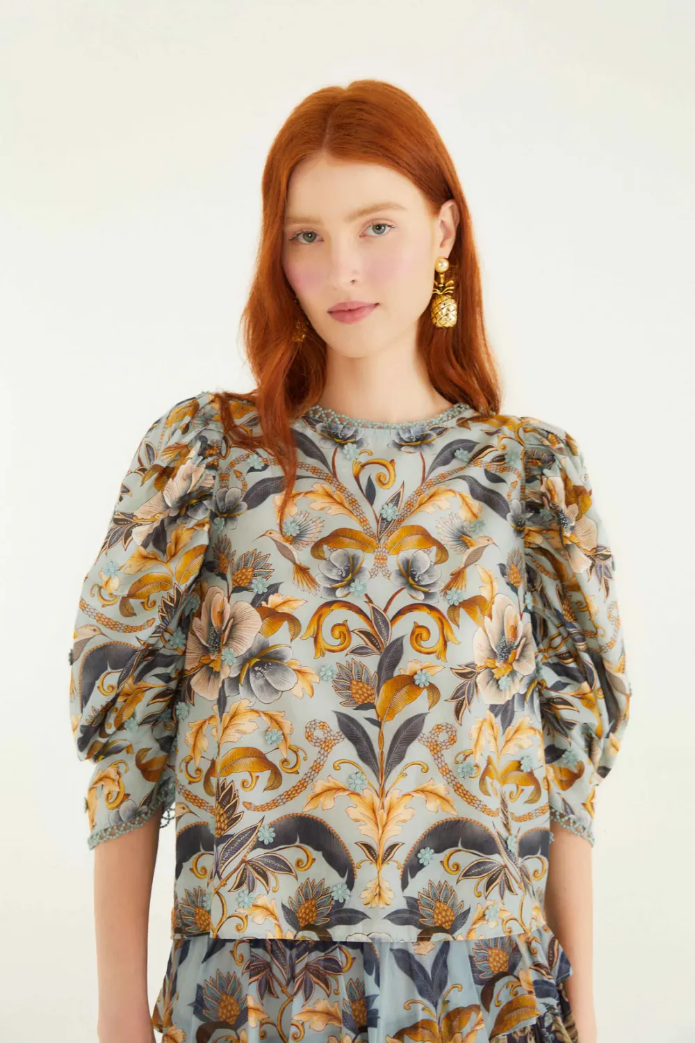FARM RIO SNAKE GARDEN BLUE 3D BLOUSE