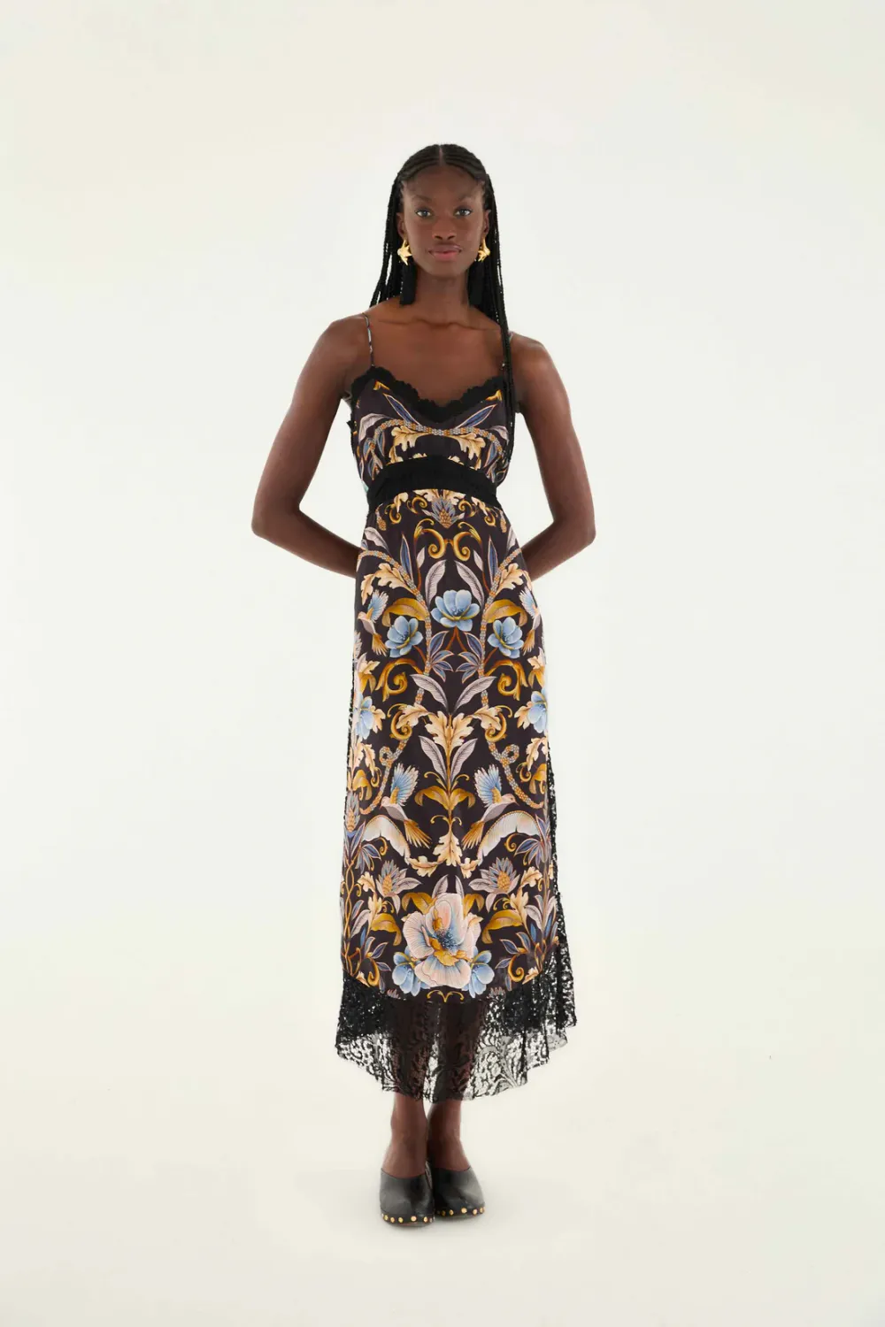 FARM RIO SNAKE GARDEN BLACK MIDI DRESS