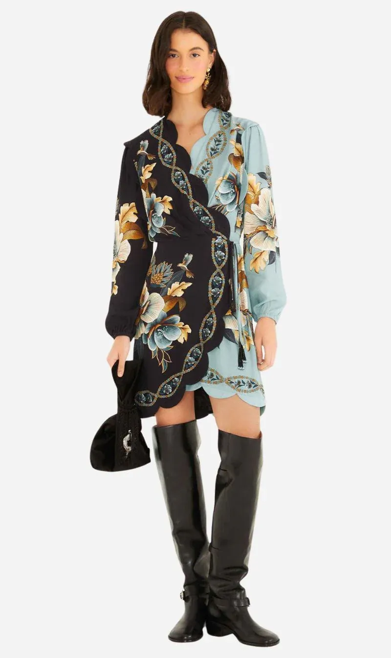 FARM RIO SNAKE GARDEN MIX WRAP WAVY MINI DRESS