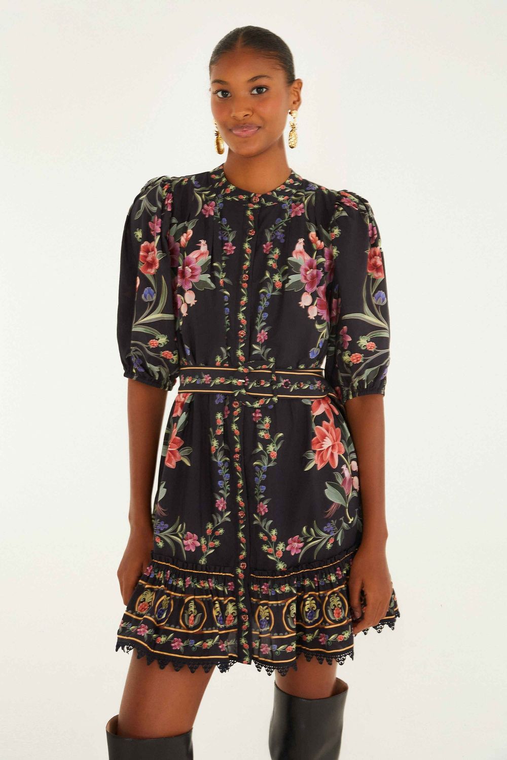 FARM RIO BELLE GARDEN BLACK MINI DRESS