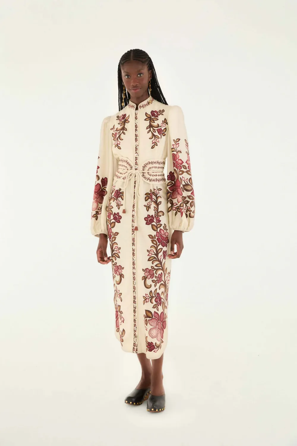 FARM RIO RENATA FLORAL SAND LONG SLEEVE MIDI DRESS