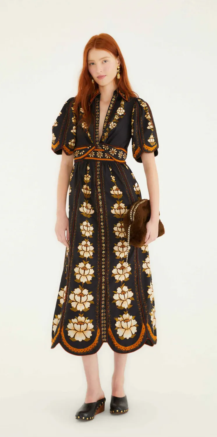 FARM RIO EMBROIDERED FLOWERS BLACK MIDI DRESS