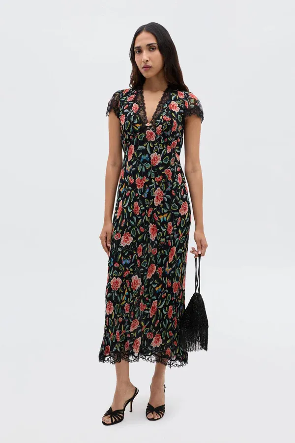 Rixo Clarice Dress Butterfly Floral Black