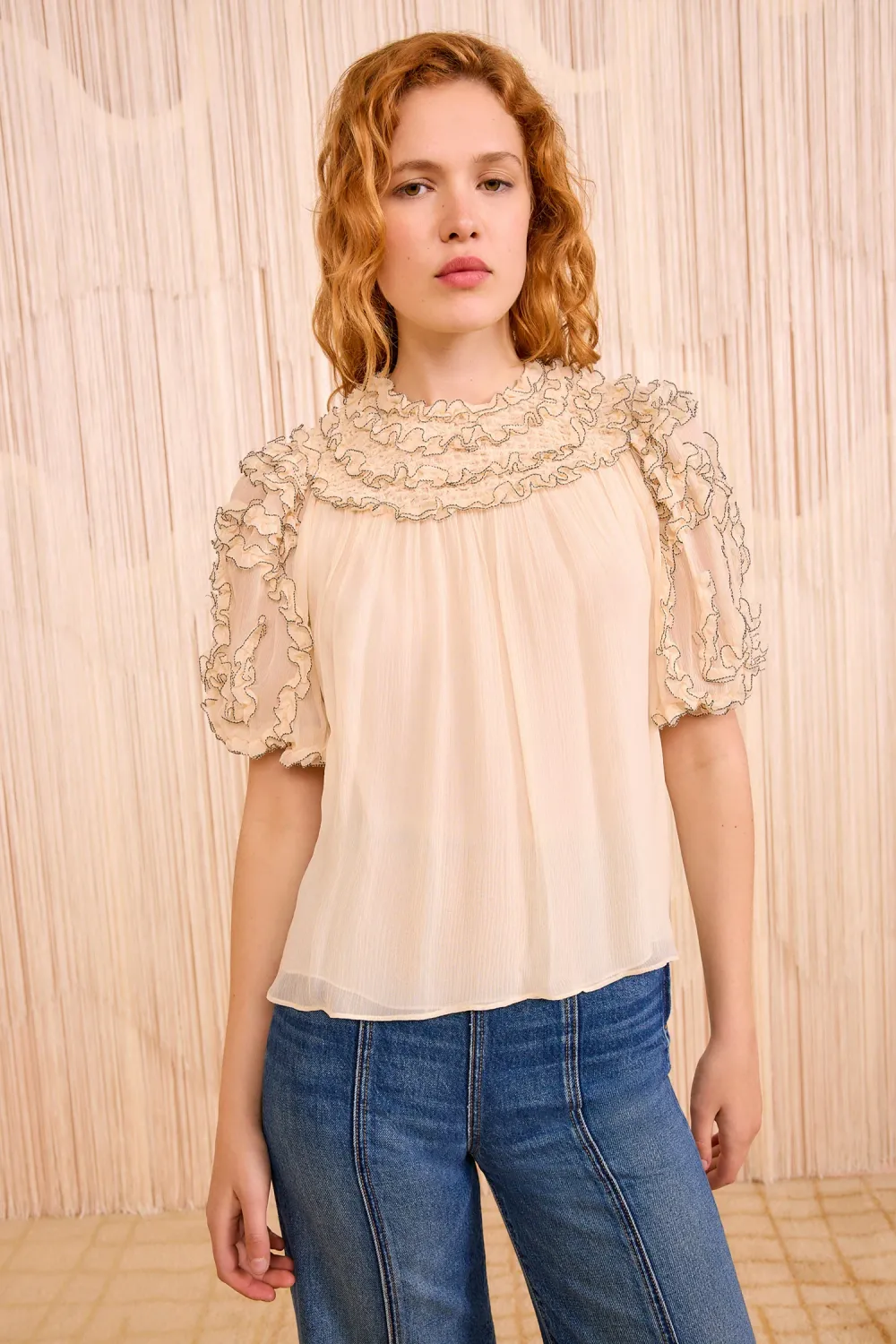 Ulla Johnson Isolda Silk Smocked Short Sleeve Blouse CHANTILLY