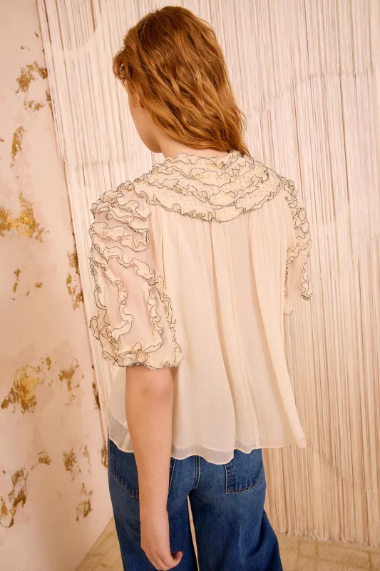 Ulla Johnson Isolda Silk Smocked Short Sleeve Blouse CHANTILLY