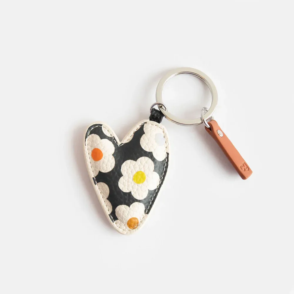 Caroline Gardner Multi Flower Charcoal Printed Heart Keyring