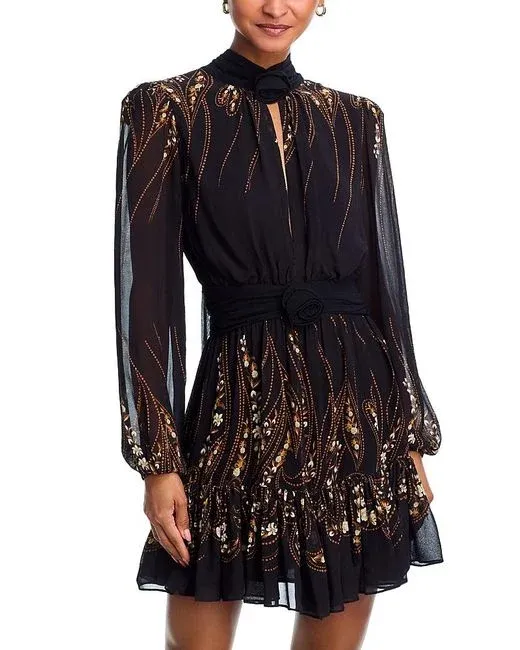 FARM RIO GARDEN SILHOUETTE BLACK LONG SLEEVE MINI DRESS