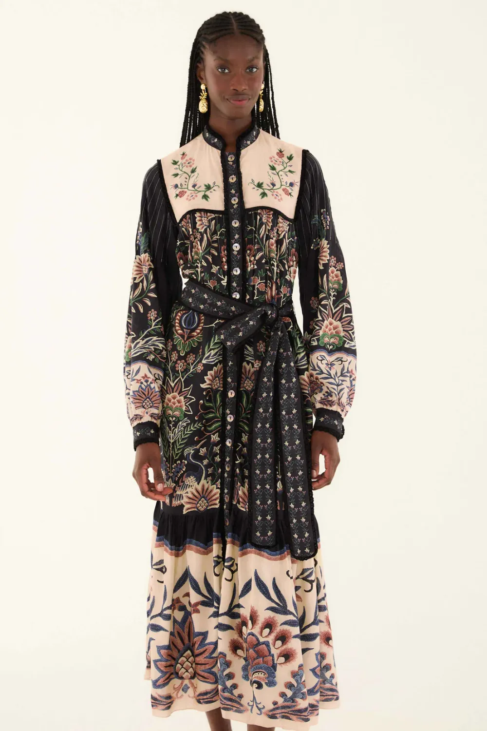 FARM RIO MARVELOUS GARDEN BLACK LONG SLEEVE MAXI DRESS