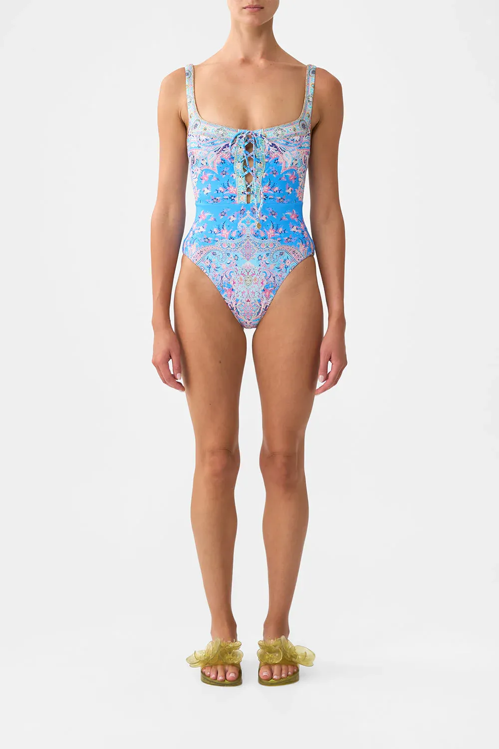 CAMILLA LACE UP UNDERWIRE SQUARE NECK ONE PIECE - FOOTSTEPS IN FOLKLORE