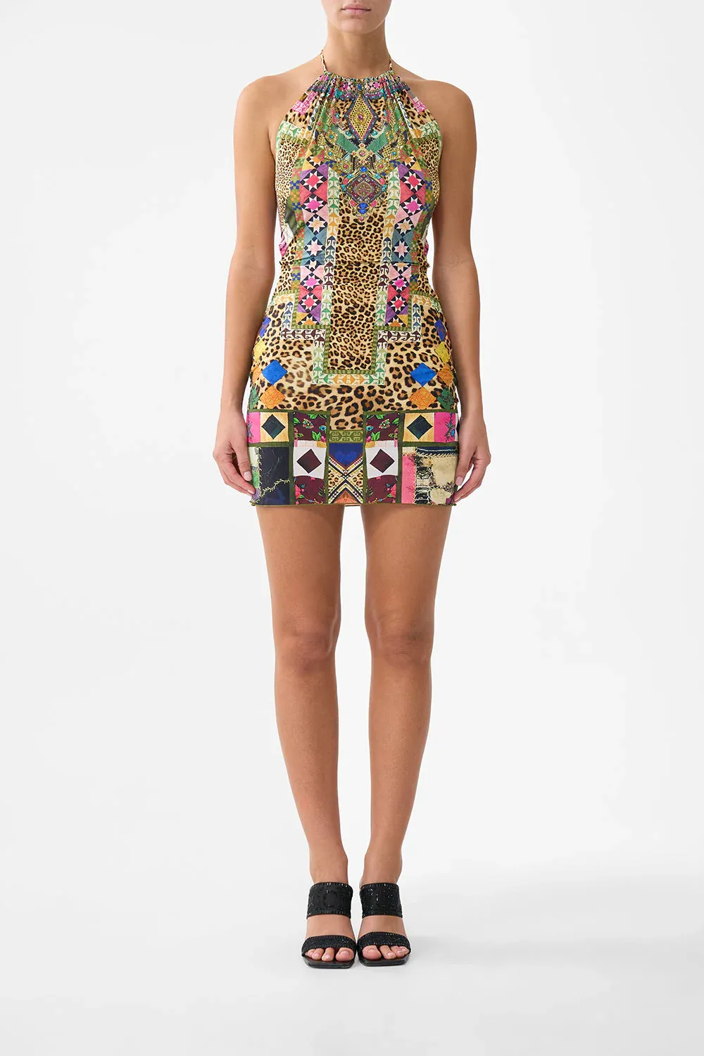 CAMILLA HALTER MINI DRESS WITH CUT OUT WAIST TRIM - EMBROIDERED EVER AFTER