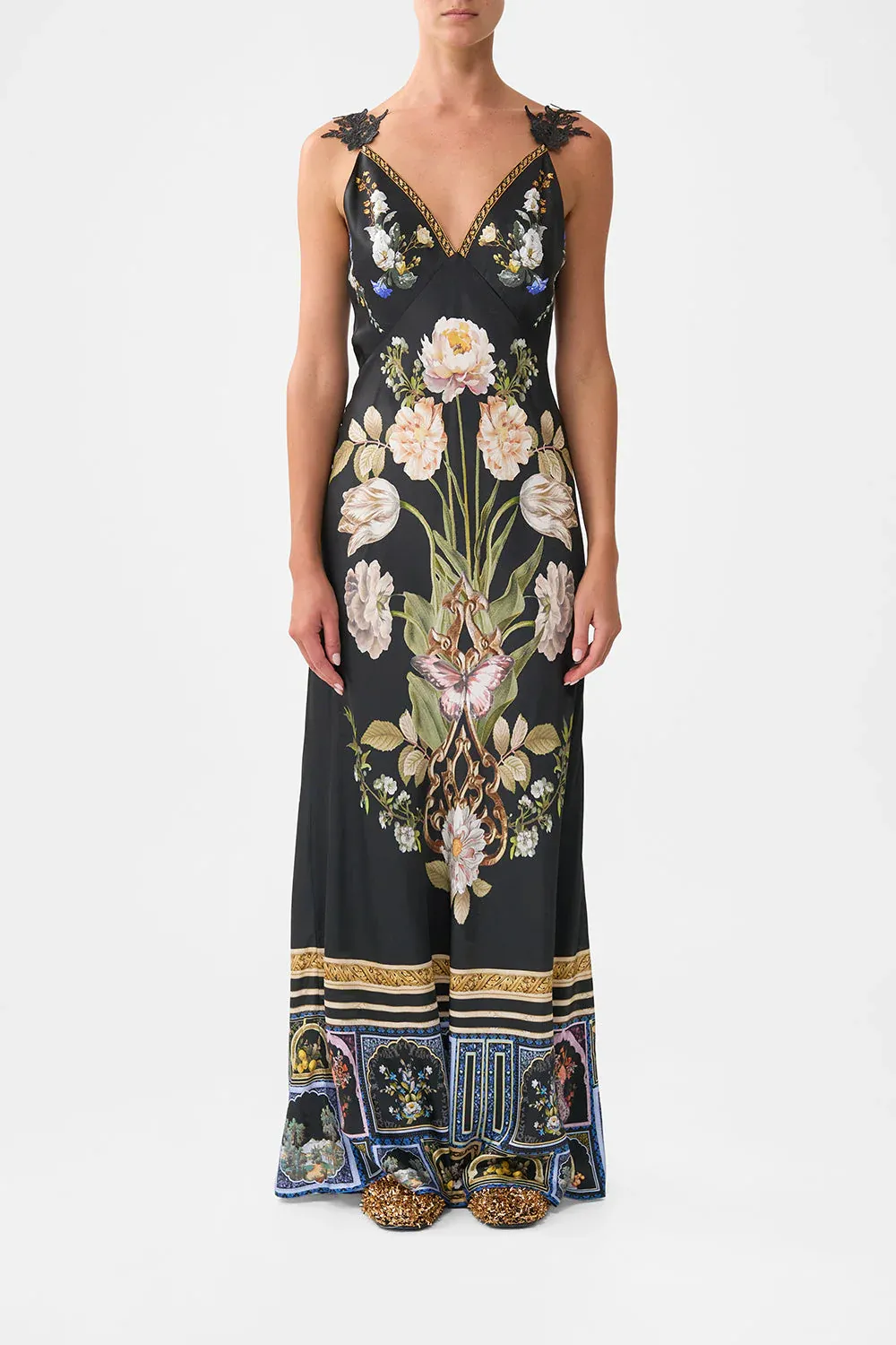 CAMILLA V NECK FULL LENGTH BIAS SLIP DRESS - OTTOMAN ELEGANCE