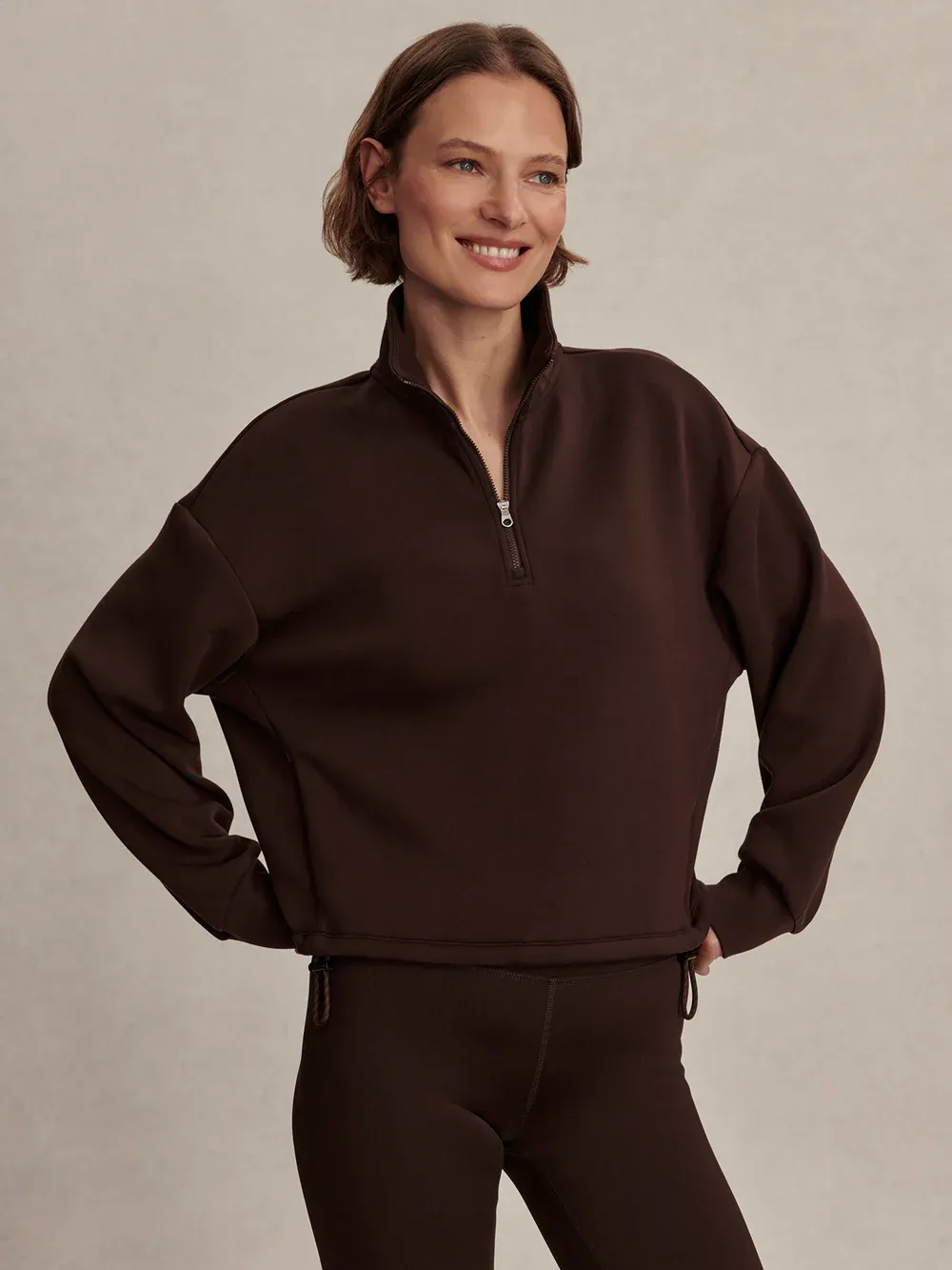 Varley sian cropped half zip sweat coffee bean