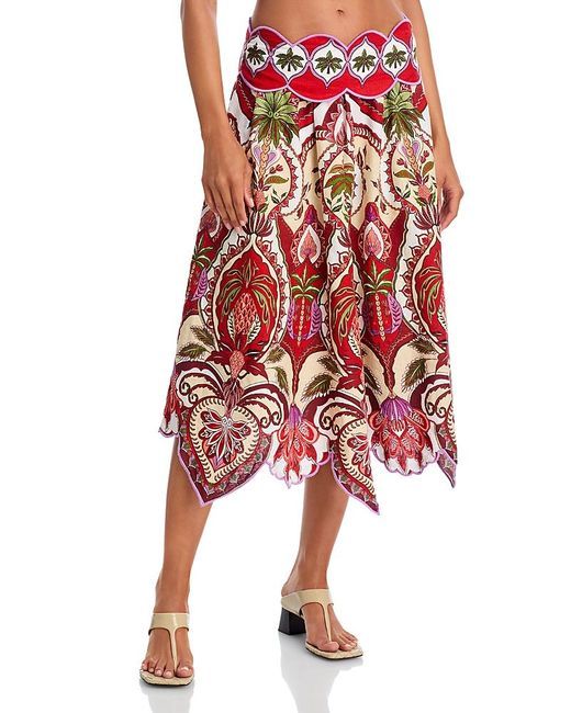 FARM RIO ODARA RED SCALLOPS MIDI SKIRT
