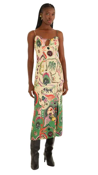 FARM RIO ARTSY SURREAL LAND BEIGE SLEEVELESS MIDI DRESS