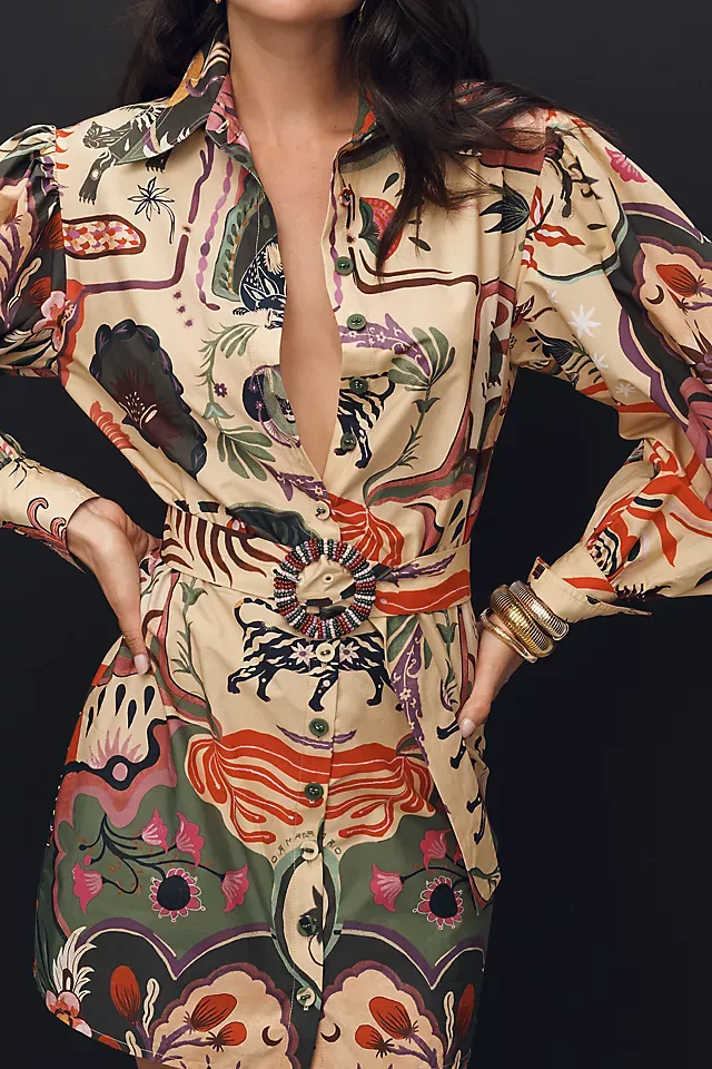 FARM RIO ARTSY SURREAL LAND BEIGE MINI DRESS LONG SLEEVE