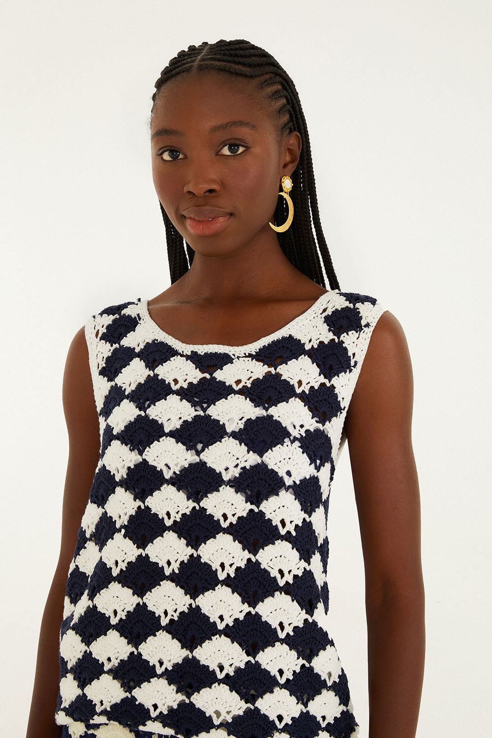 FARM RIO WHITE AND BLUE CROCHET SHIRT