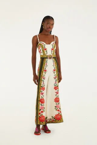 FARM RIO WONDER RIO SAND SLEEVELESS MAXI JUMPSUIT