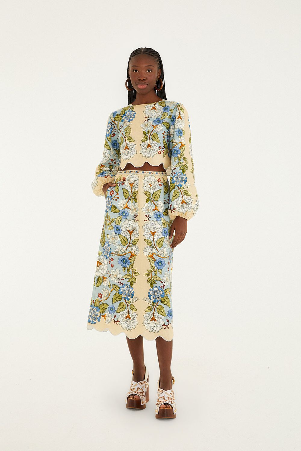 FARM RIO GARDEN SCARF BLUE MIDI SKIRT