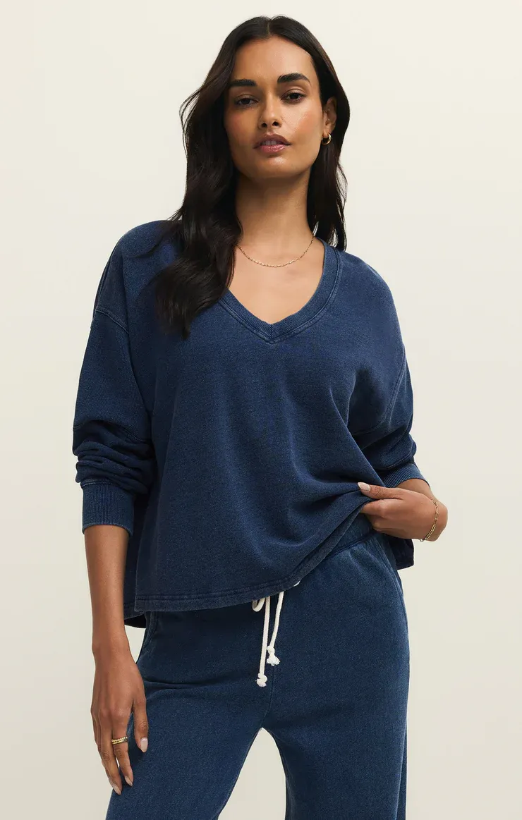 Z Supply Delphine Knit Denim Sweatshirt Indigo