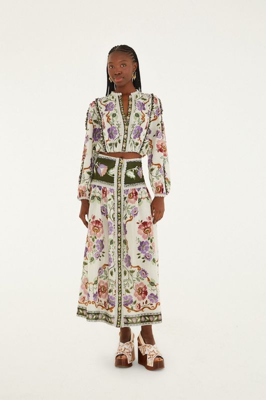 FARM RIO ROCOCO FLOWERS CREAM MIDI SKIRT