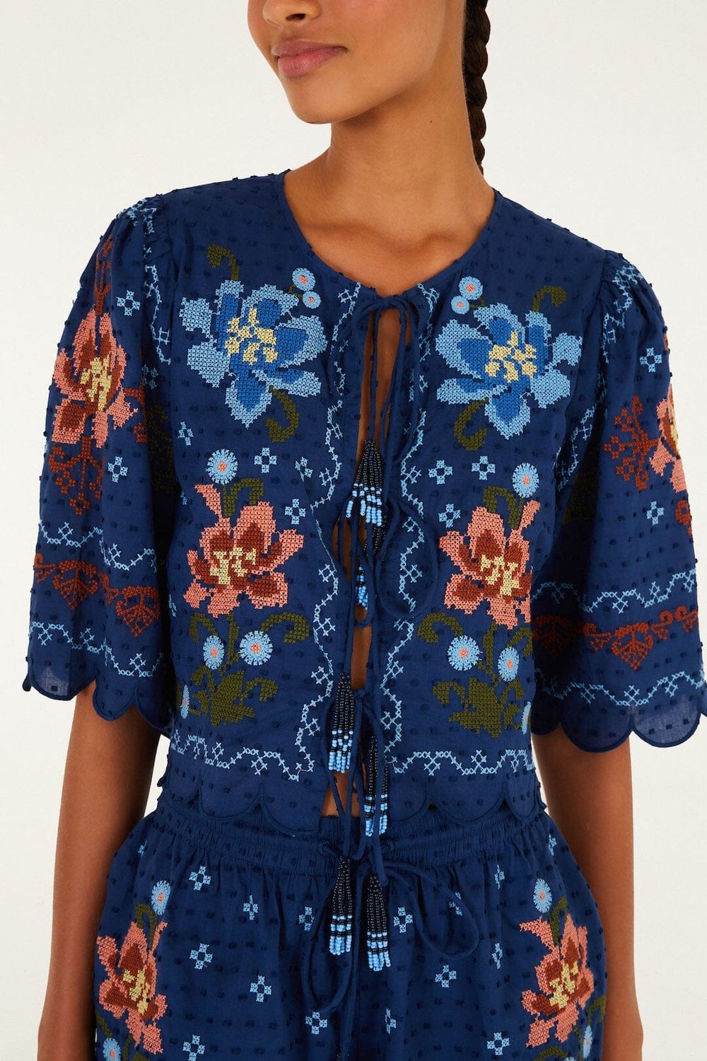 FARM RIO STITCHED GARDEN DARK BLUE BLOUSE