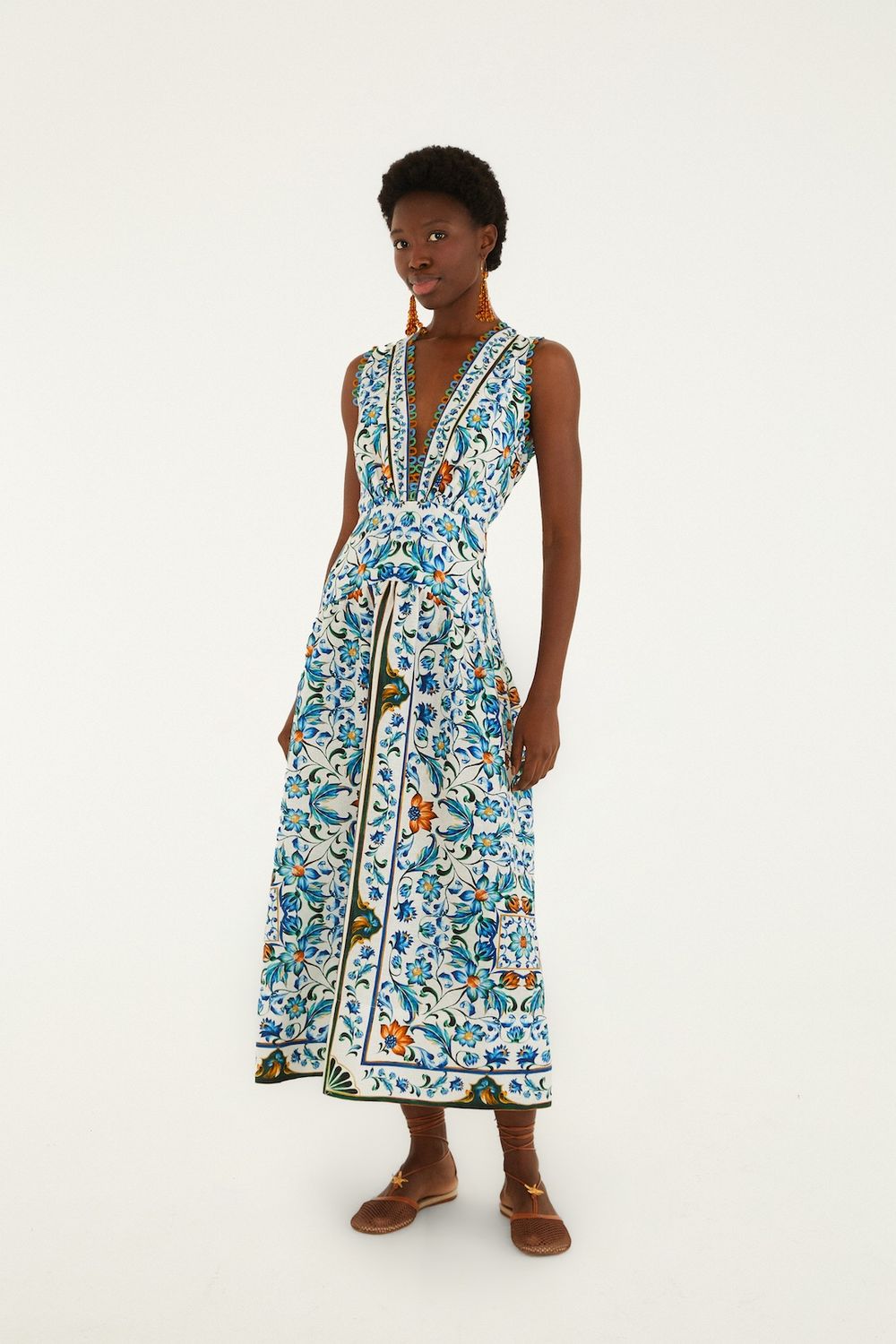FARM RIO FLORA TILE OFF-WHITE MIDI DRESS