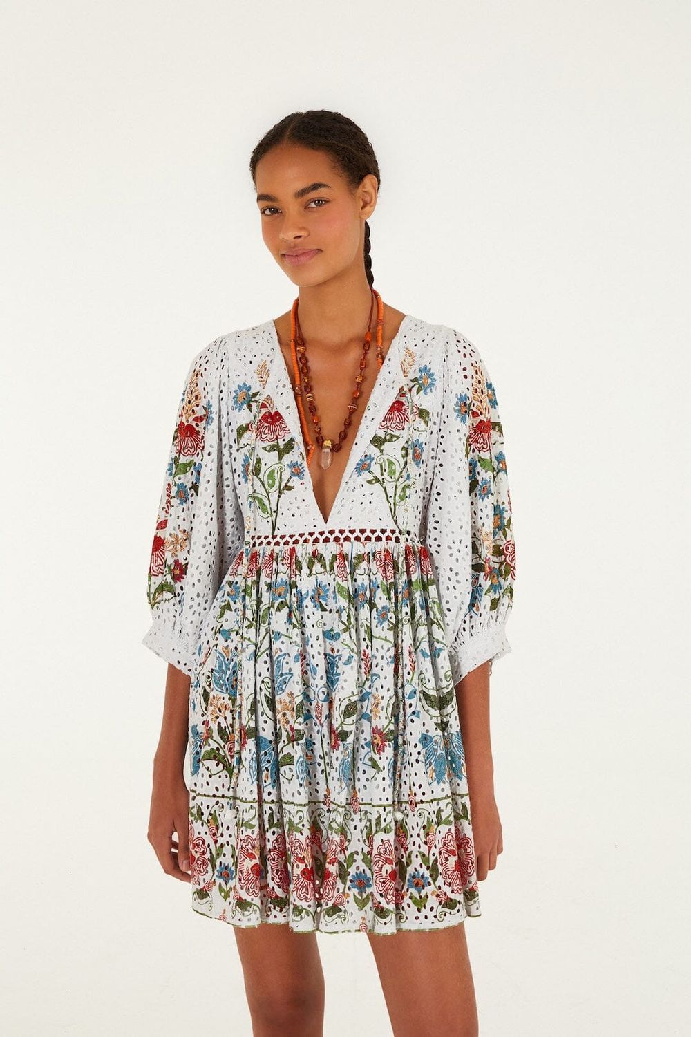 FARM RIO STITCHED GARDEN OFF-WHITE MINI DRESS