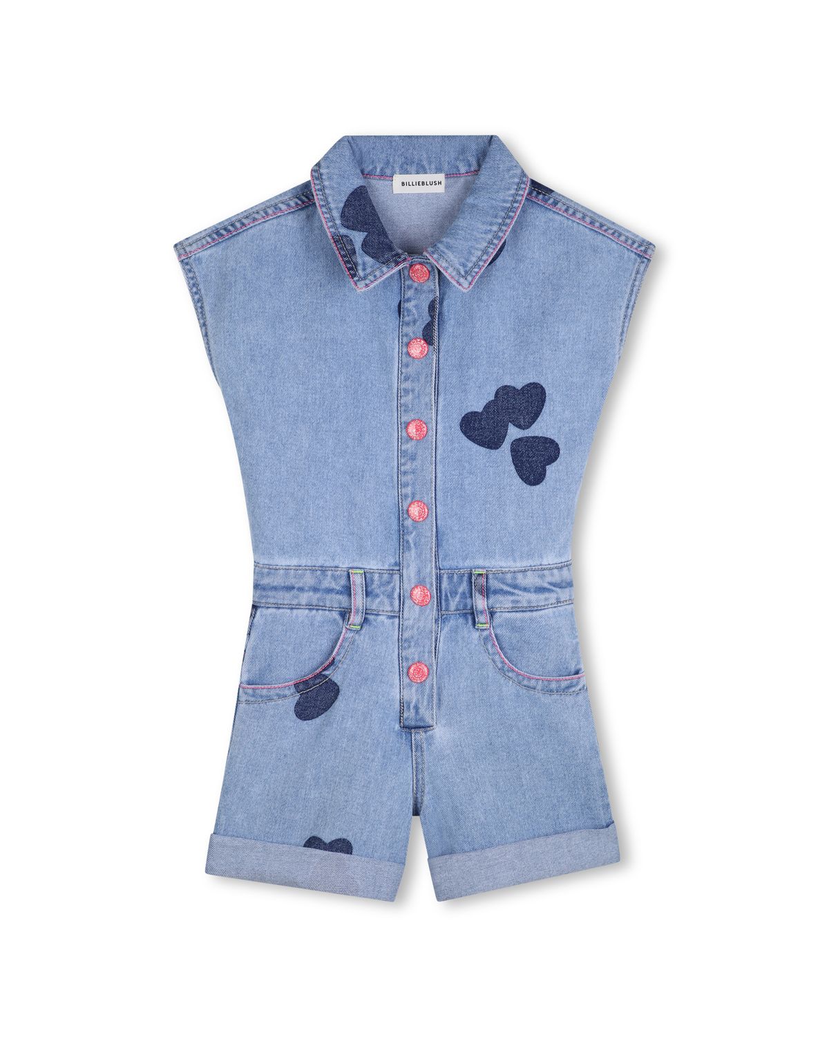 BILLIE BLUSH HEART PRINT DENIM ROMPER